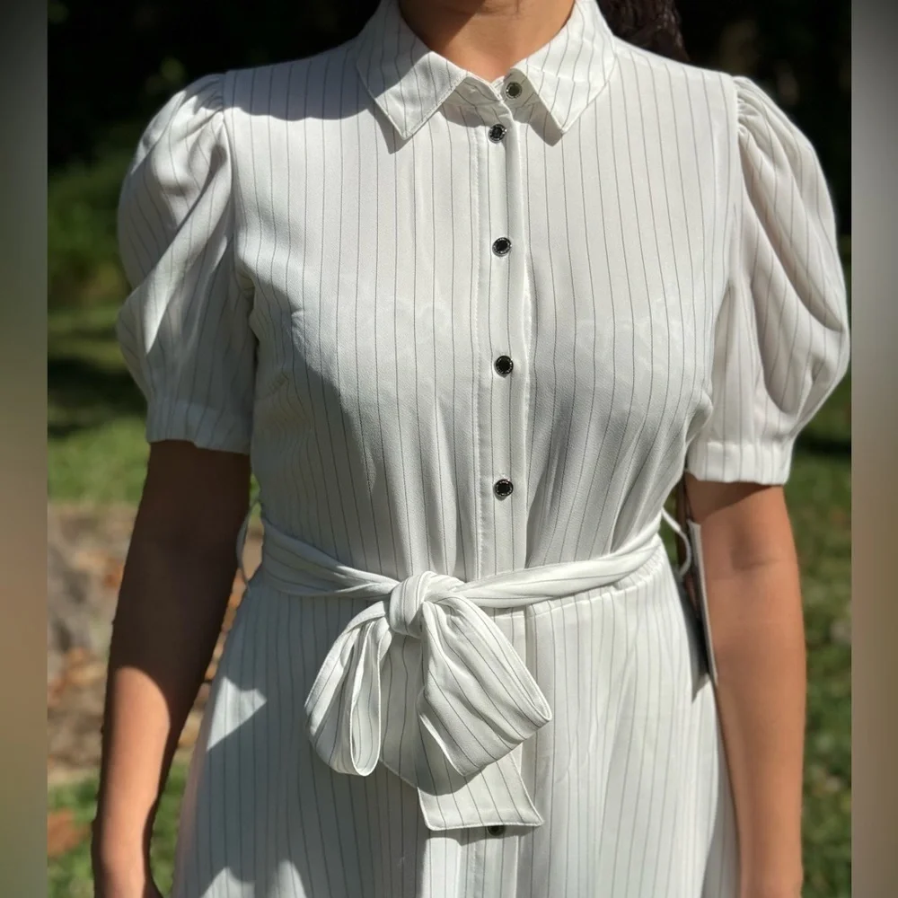 KARL LAGERFELD PARIS Women's Striped Tie-Front Shirtdress - Picture 4 of 14